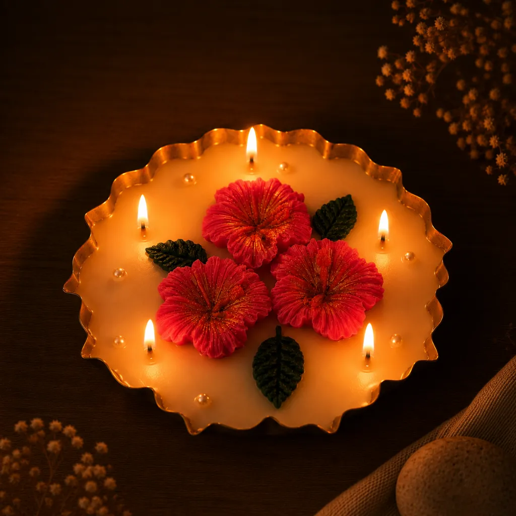 Warm candlelight with floral accents.webp