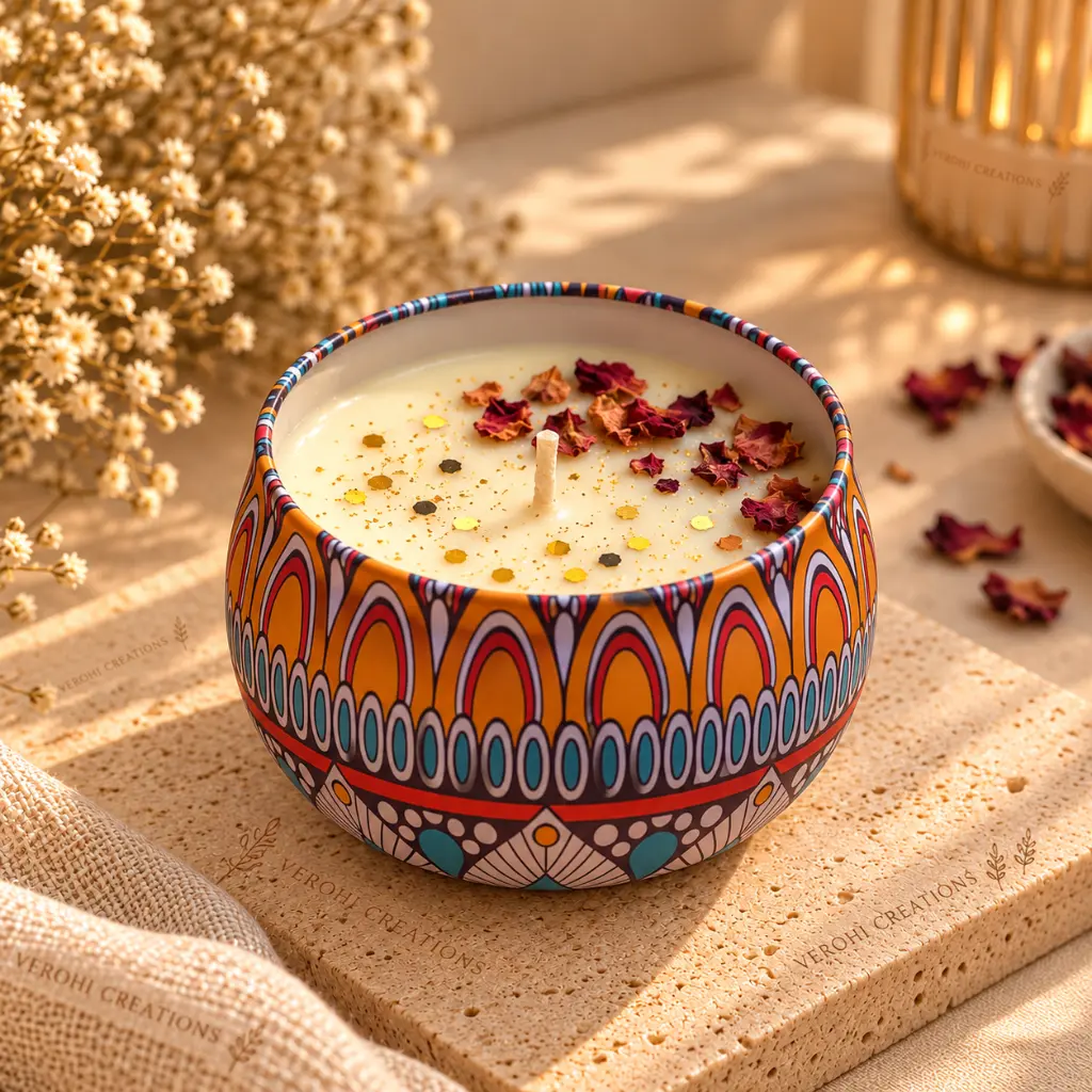 Boho Candle with Golden Petals.webp