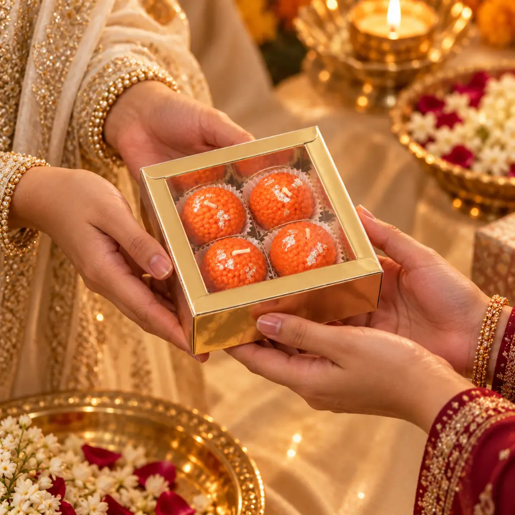 Diwali Gift Exchange with Golden Ladoo Box.webp