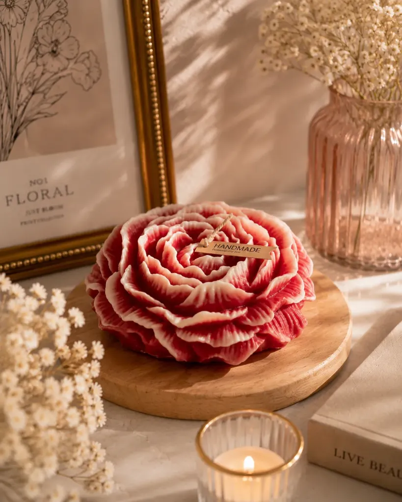 Crimson Bloom Large Peony Candle | Sculpted Peony Flower Candle in Crimson Petal Design (Single)