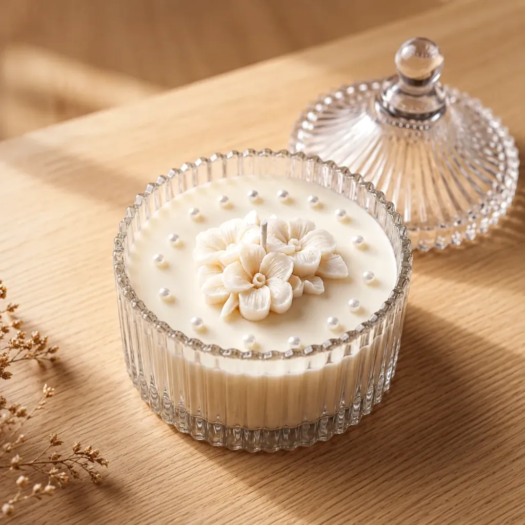 Floral Pearl Luxe Candle Jar | Pearl-Rim Floral Candle Bowl with Decorative Glass Lid