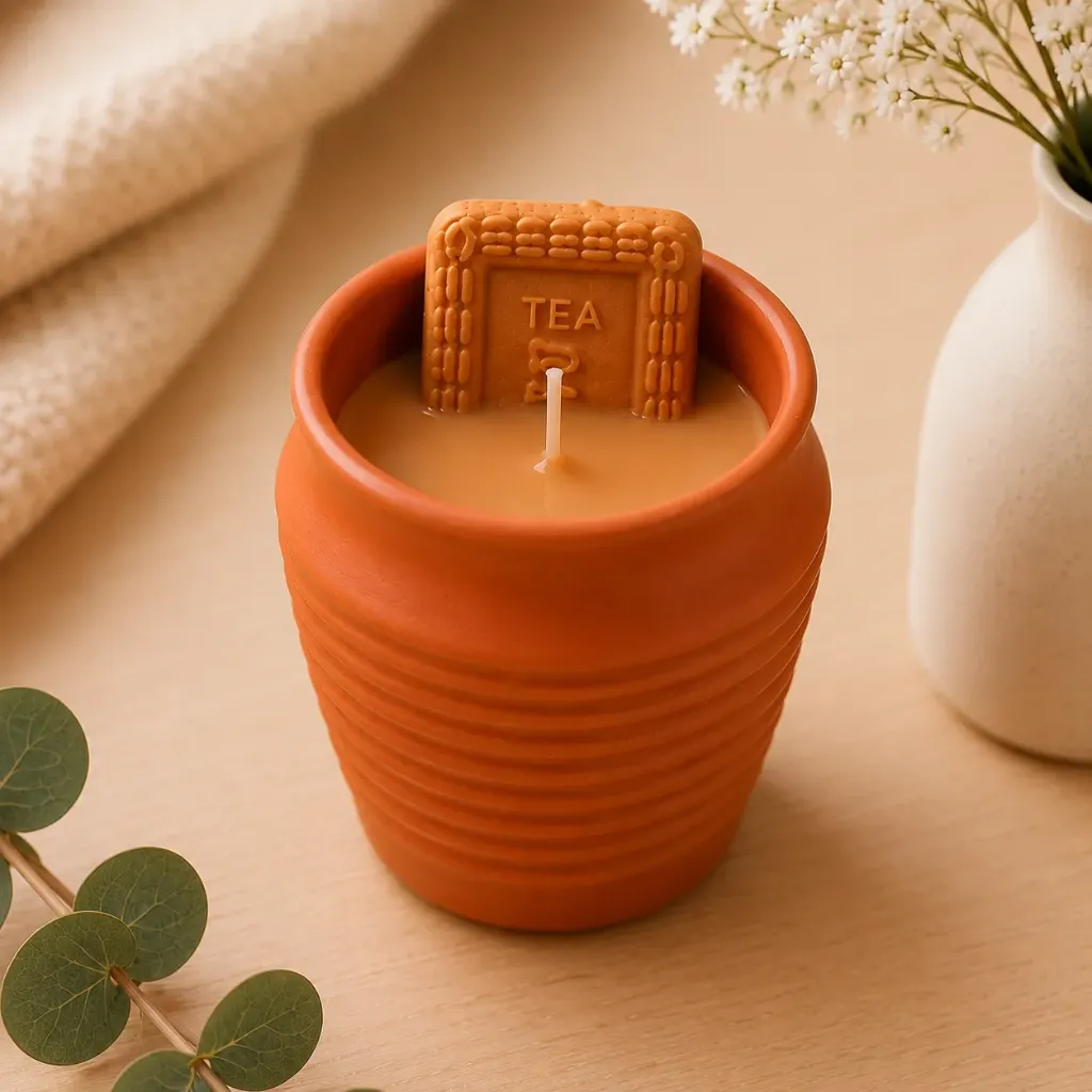 Big Kulhad Chai Candle | Terracotta Chai Cup Candle with Biscuit-Inspired Wax Design