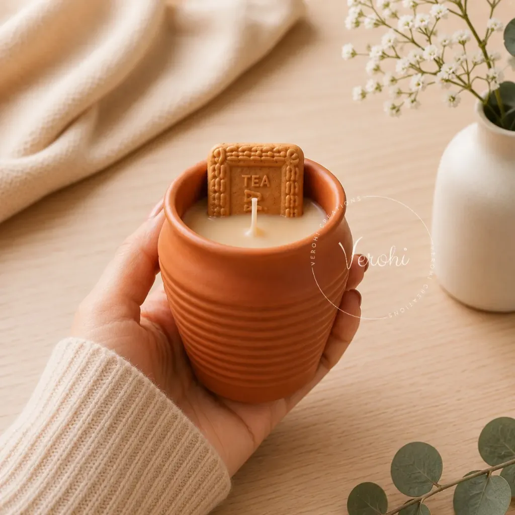 Kulhad Chai Candle | Terracotta Chai Cup Candle with Biscuit-Inspired Wax Design