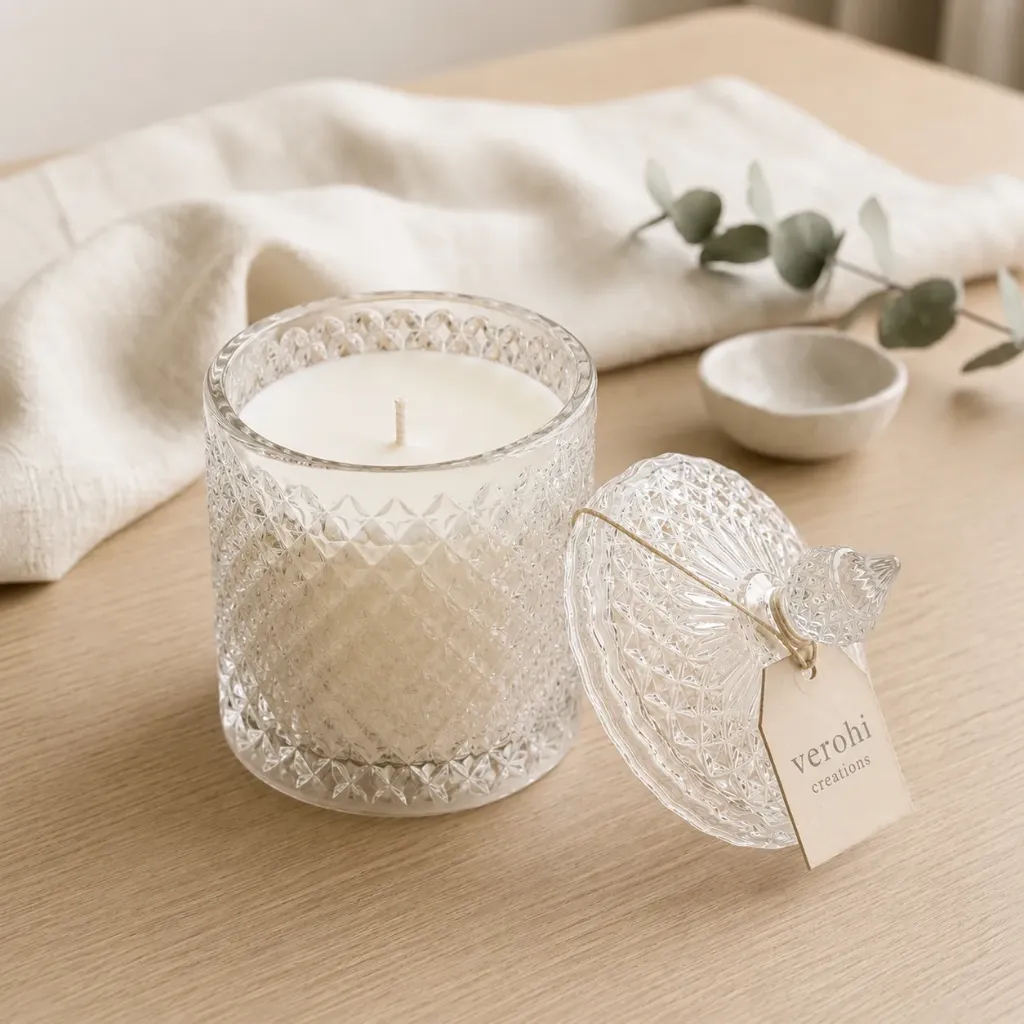 Transparent-Luxe Cut Glass Candle | Large Diamond-Cut Glass Candle Jar with Luxe Lid