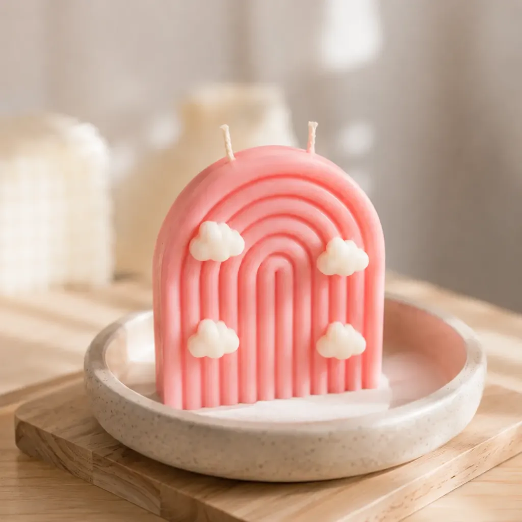 Rainbow Arch Candle – Blush Sky | Sculpted Pastel Rainbow Candle with Pearl Accents