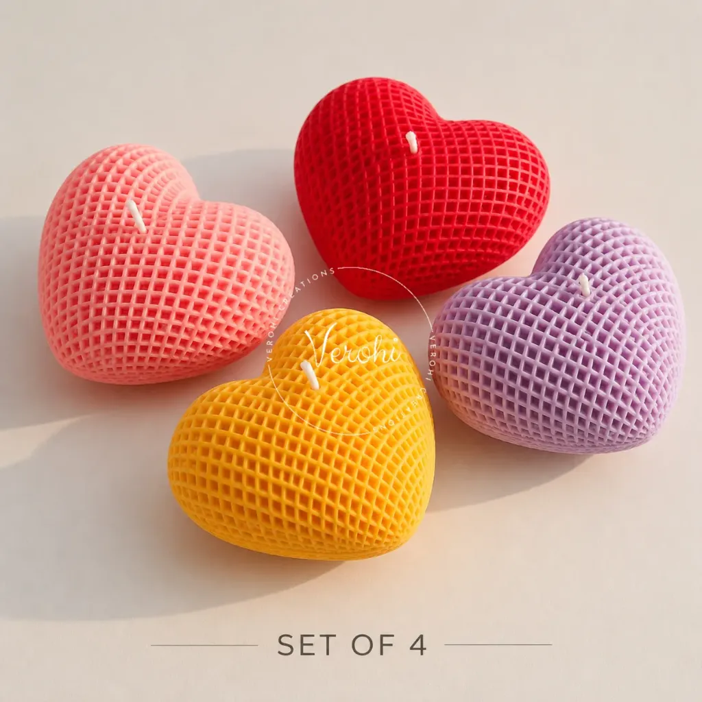 Checkered Heart Candle Set | Textured Heart-Shaped Candle Set in Pastel & Crimson Tones