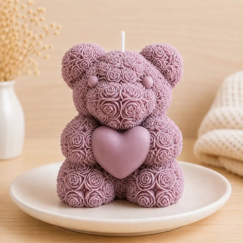 Big Heart Teddy Candle | Rose-Textured Bear Candle