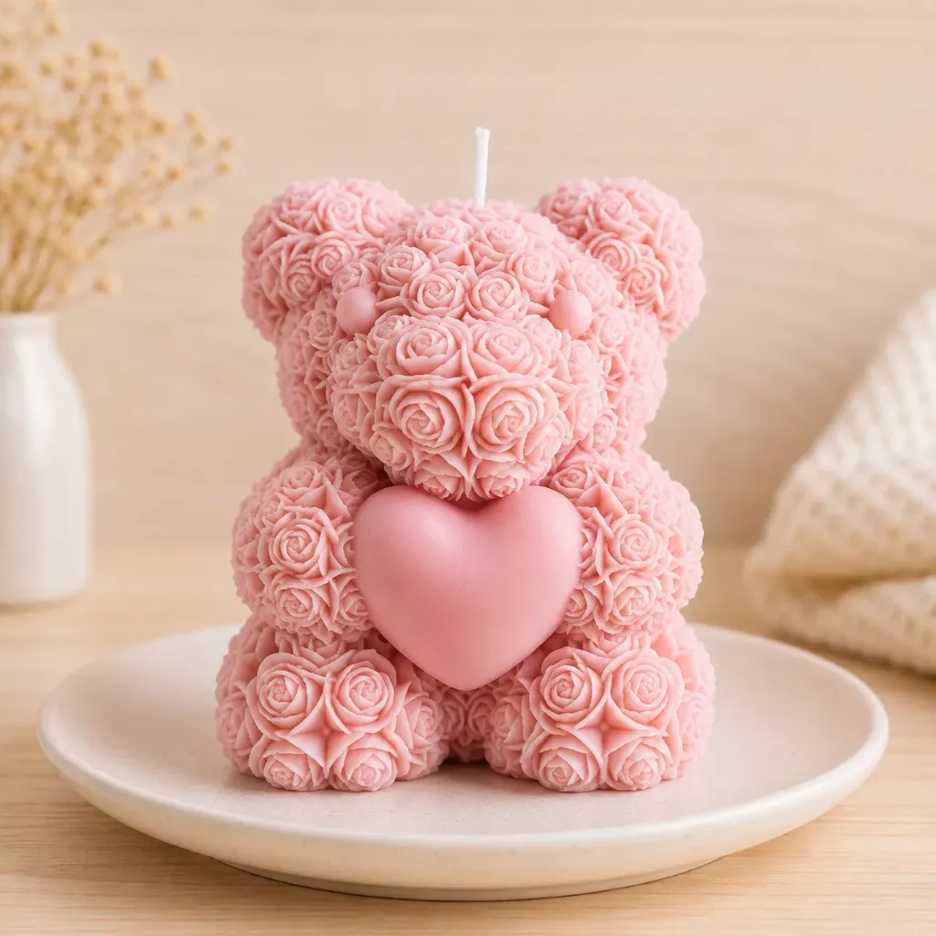 Big Heart Teddy Candle | Rose-Textured Bear Candle (Blush Pink)