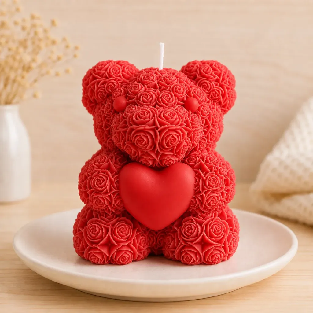 Big Heart Teddy Candle | Rose-Textured Bear Candle