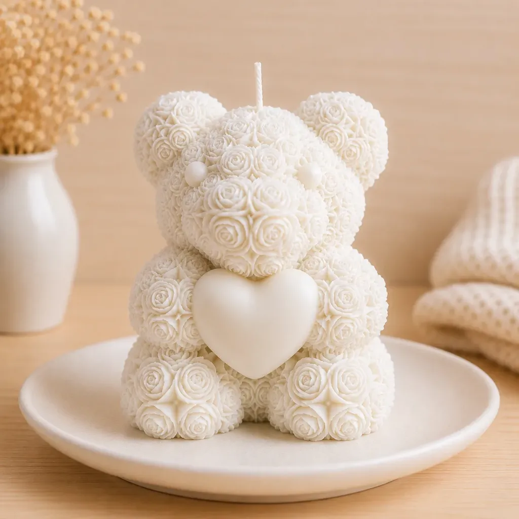 Big Heart Teddy Candle | Rose-Textured Bear Candle
