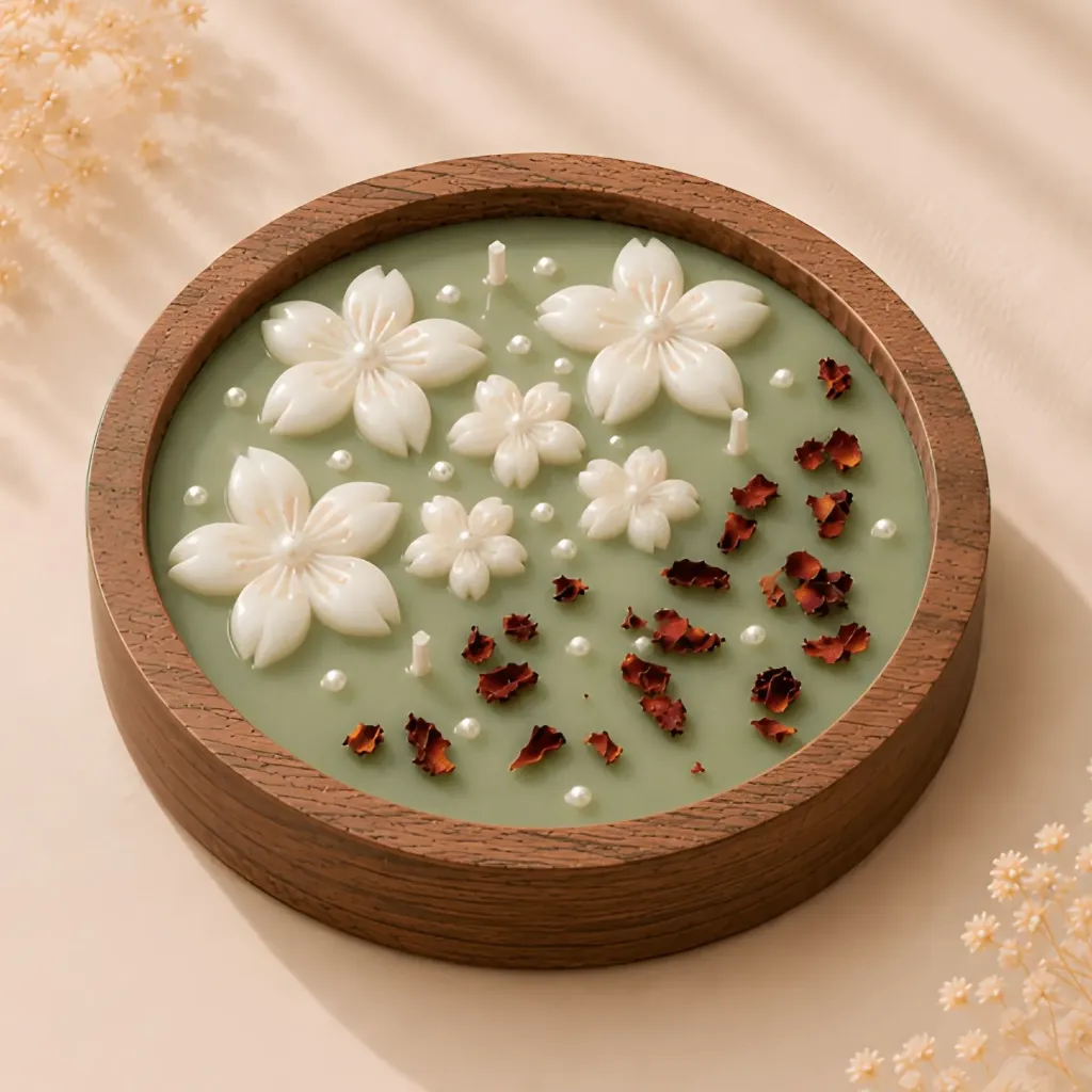 7" Sakura Bloom Wooden Urli Candle | Handcrafted Candle with Pearl & Rose Petal Accents (Sage Green)