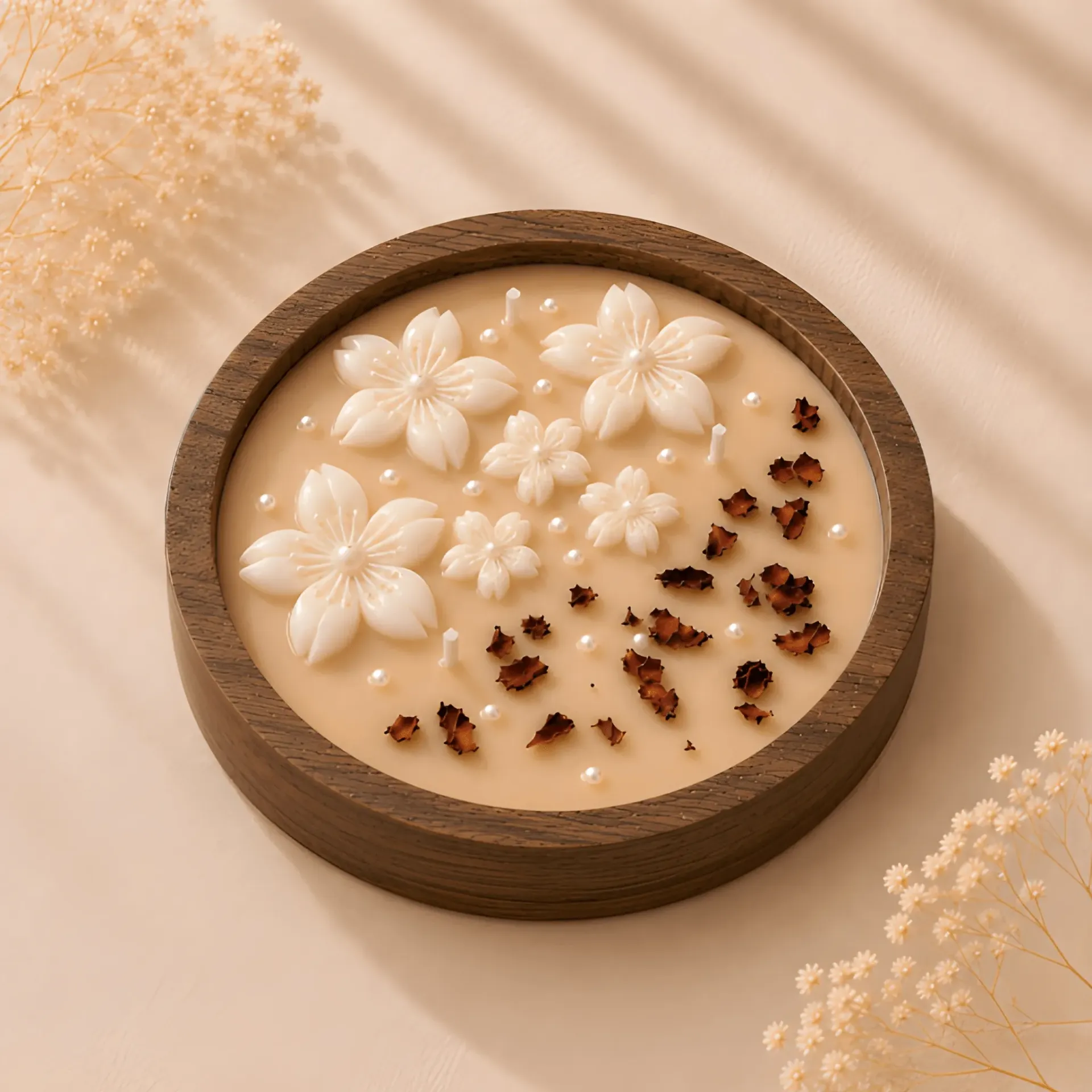 7" Sakura Bloom Wooden Urli Candle | Handcrafted Candle with Pearl & Rose Petal Accents