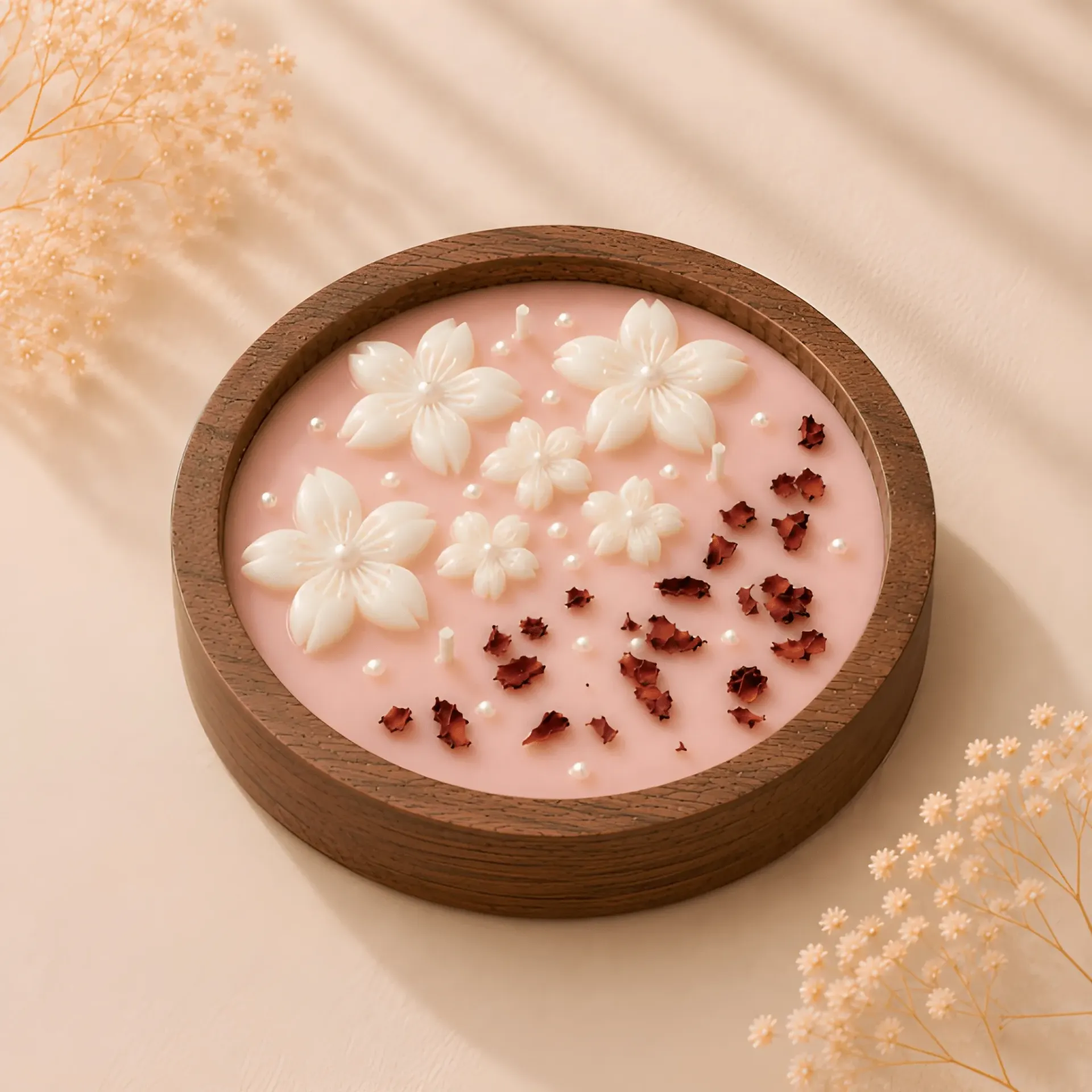 7" Sakura Bloom Wooden Urli Candle | Handcrafted Candle with Pearl & Rose Petal Accents