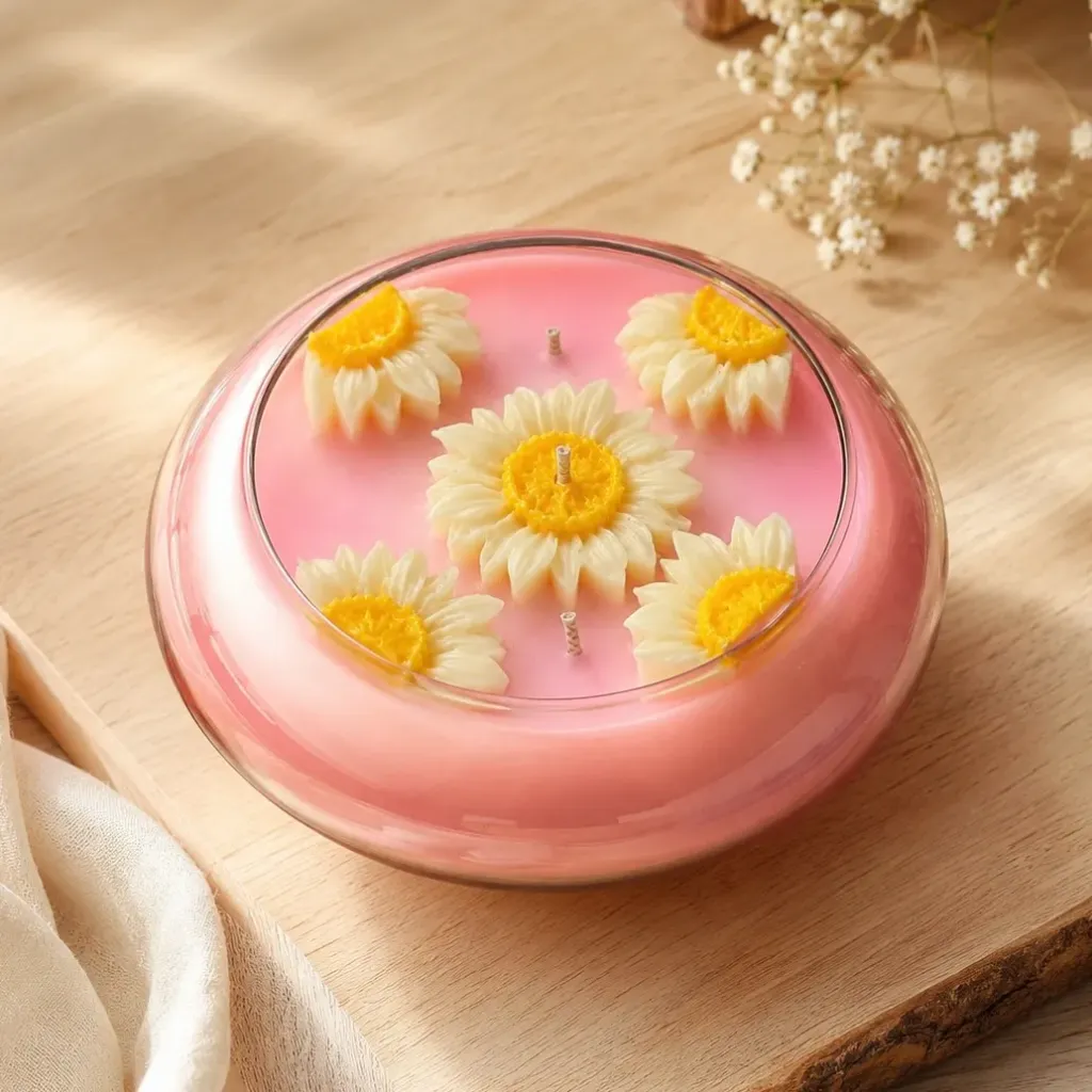 6" Blush Sunflower Glass Urli Candle | Handcrafted Luxury Floral Soy Wax Candle