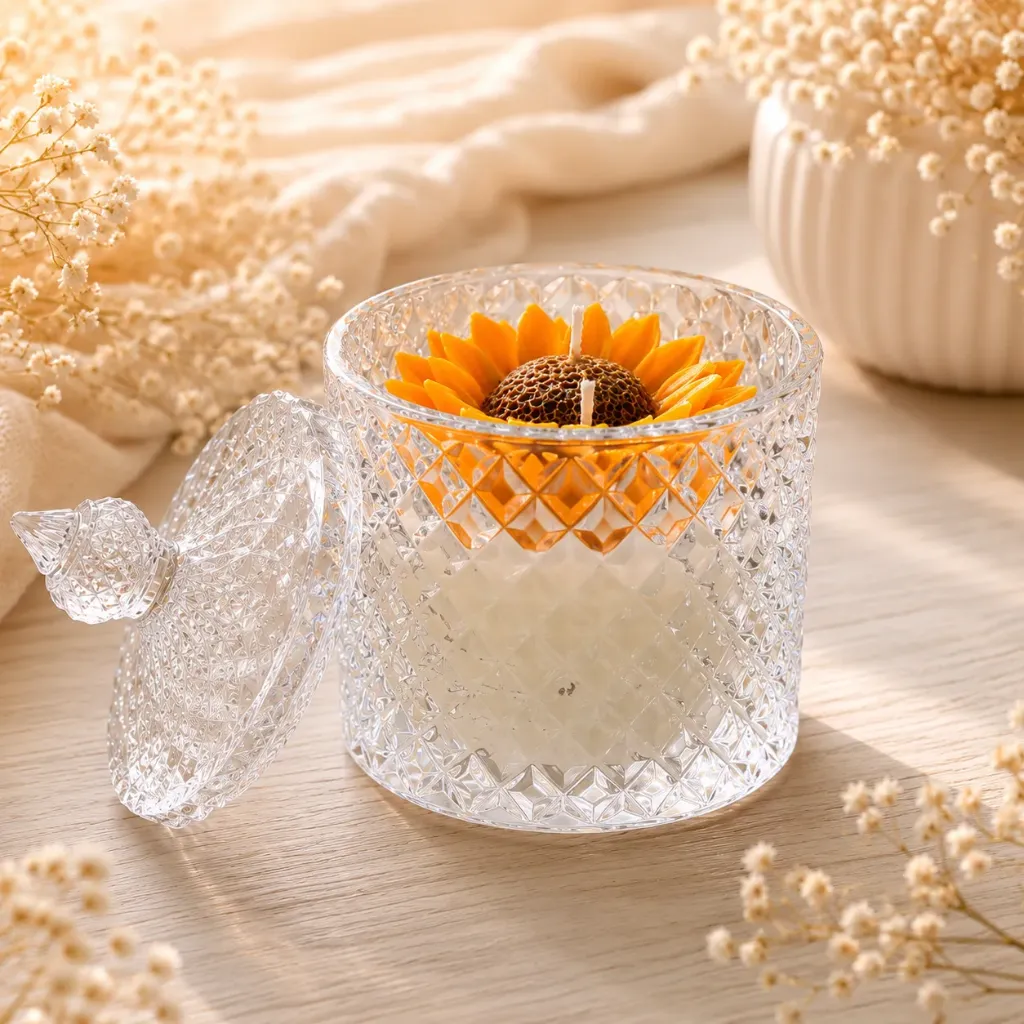 Sunflower Crystal Jar Candle – Handcrafted Floral Soy Wax Candle | Festive