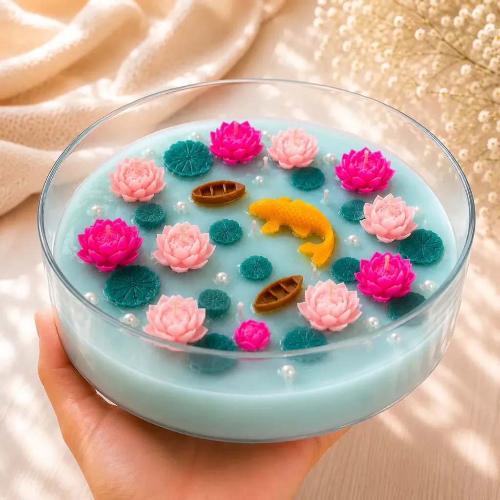 8" Large Lotus Serenity Urli Candle | Lotus Pond Candle with Fish & Blooming Flowers