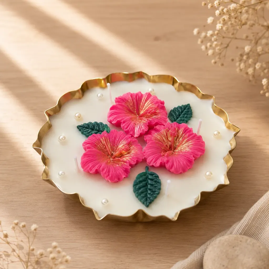5.5" Hibiscus Bloom Metal Urli Candle | Pink Floral Floating Festive Candle