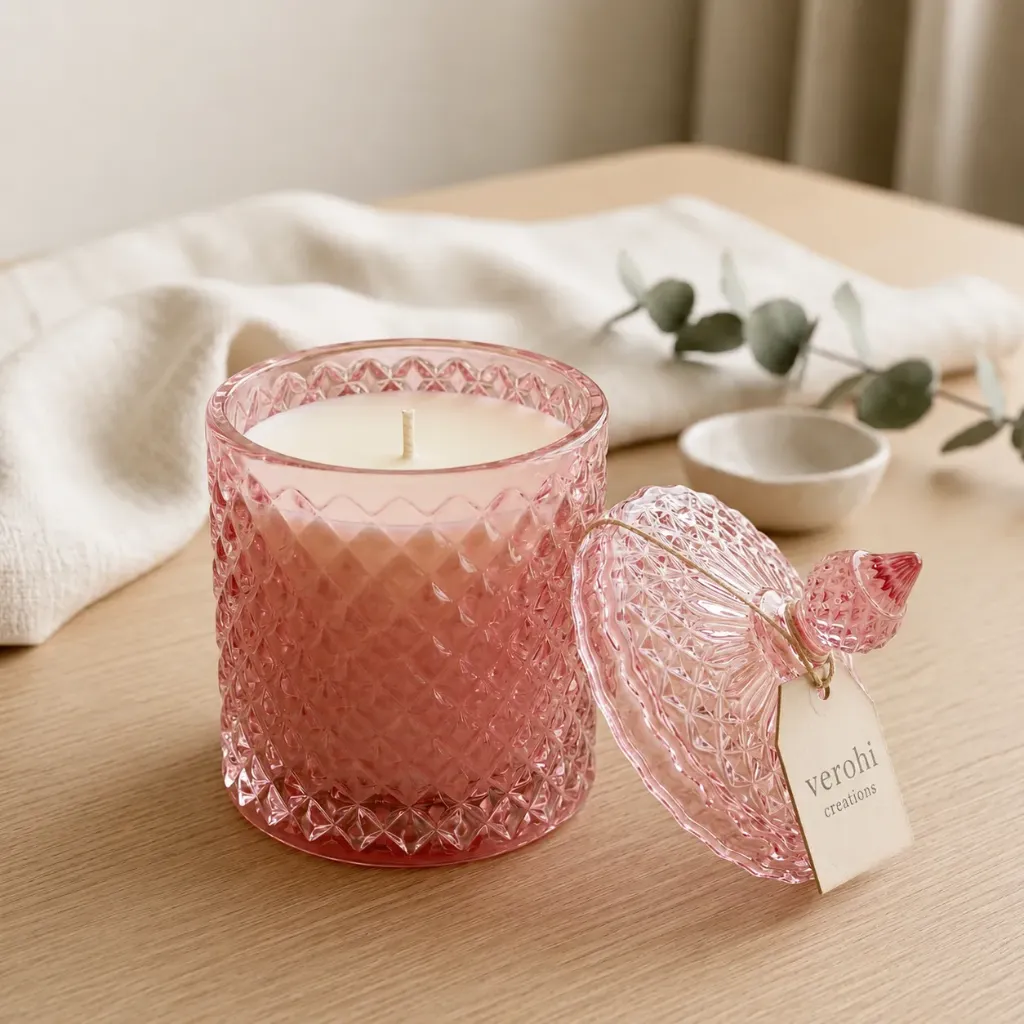 Plumeria Luxe Diamond Cut Glass Candle With Lid