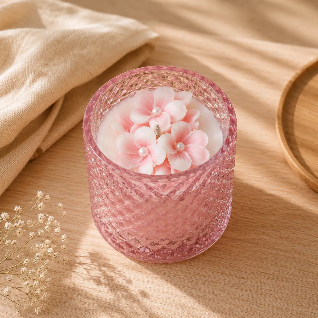Plumeria Luxe Diamond Cut Glass Candle With Lid (Festive Floral)