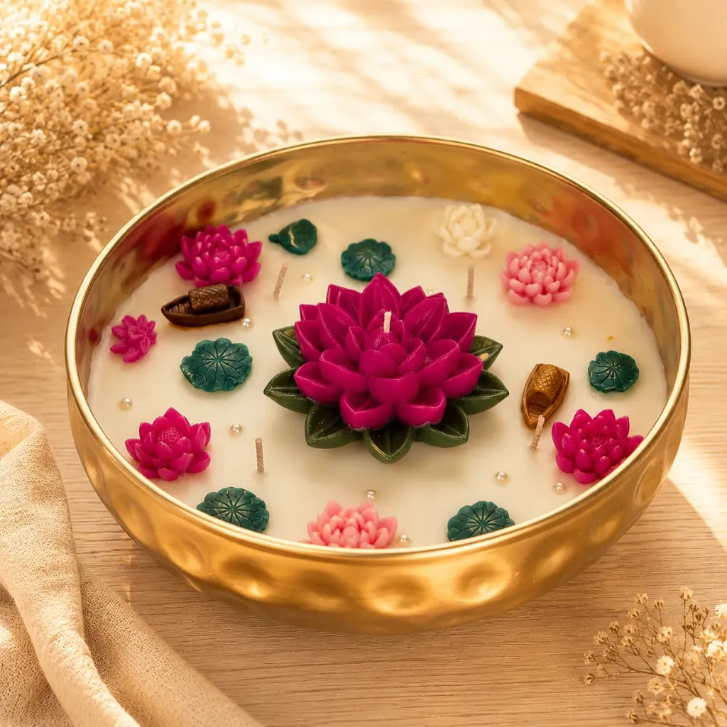 Luxe Lotus Bloom | 9" Hammered Metal Urli Candle