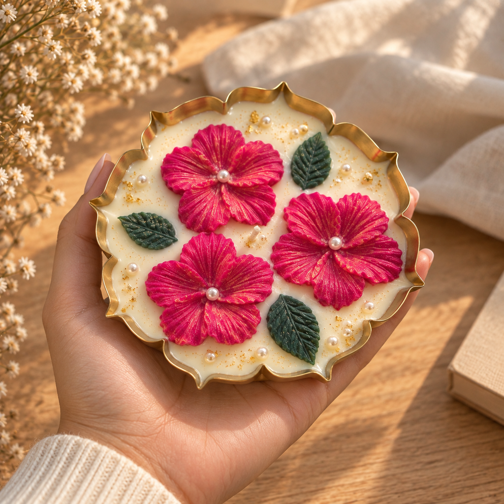 Pink Hibiscus | 4.5" Metal Urli Candle Set (Single)