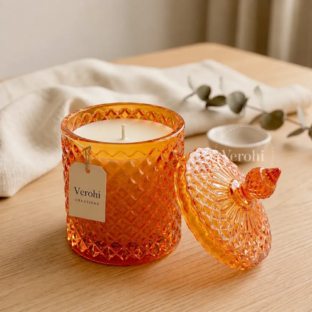 Amber-Luxe Cut Glass Candle | Amber Diamond-Cut Glass Candle Jar with Luxe Lid (Single)