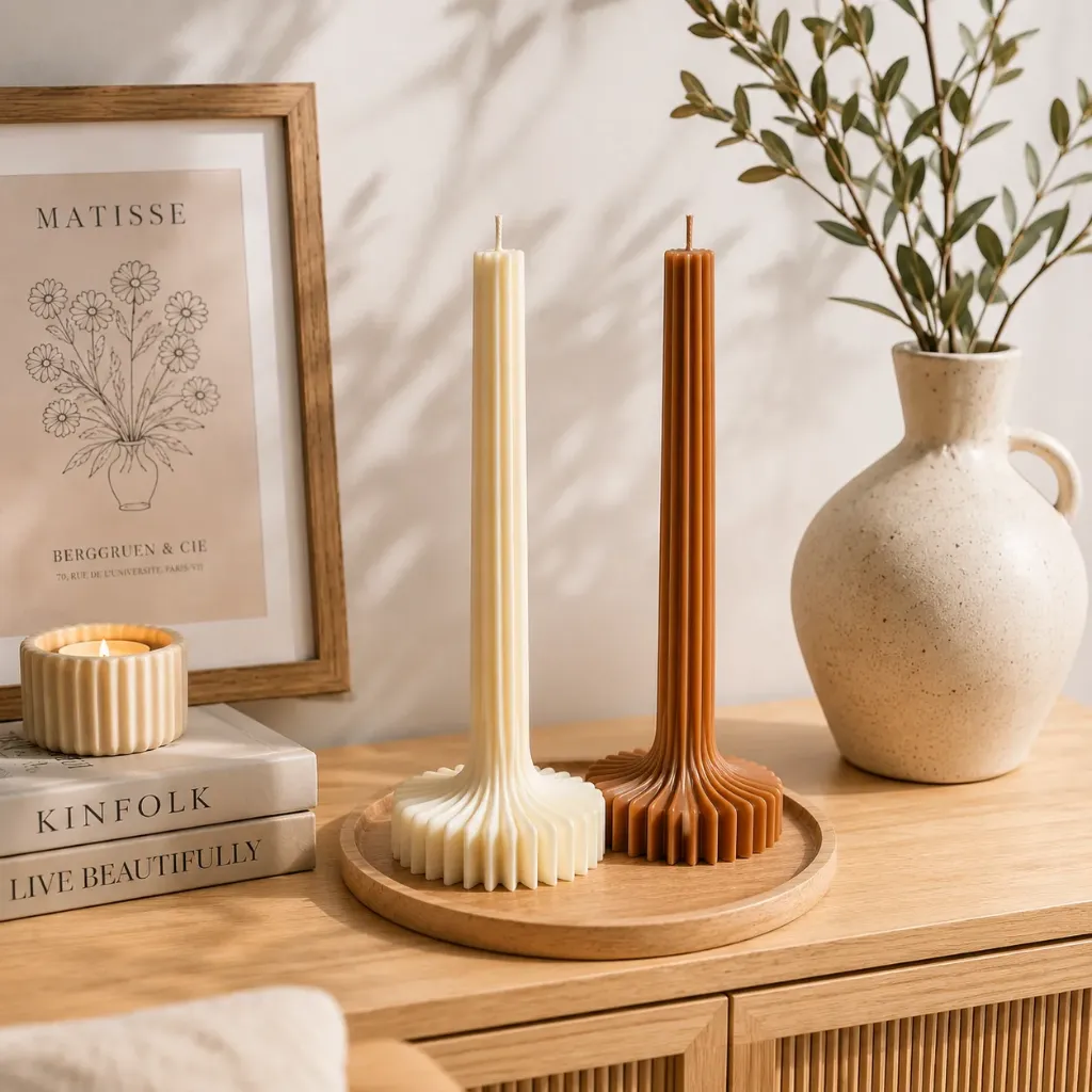 Luxe Pillar Candle | Sculpted Tall Pillar Candle with Ribbed Design (Brown)